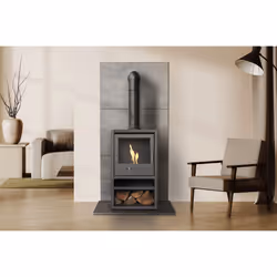 OKO S1 Bio Ethanol Stove with Log Storage in Charcoal Grey & Tall Angled Stove Pipe