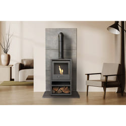 OKO S1 Bio Ethanol Stove with Log Storage in Charcoal Grey & Tall Angled Stove Pipe