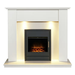 Adam Avila White Marble Fireplace with Alta Electric Inset Stove in Bl