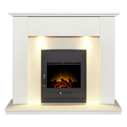 Adam Avila White Marble Fireplace with Oslo Electric Inset Stove in Bl