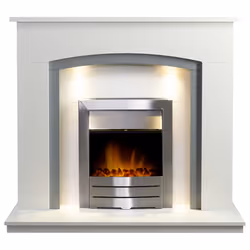 Adam Savanna Fireplace in Pure White & Grey with Downlights & Colorado Electric Fire in Brushed steel, 48 Inch