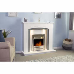 Adam Savanna Fireplace in Pure White & Grey with Downlights & Colorado Electric Fire in Brushed steel, 48 Inch