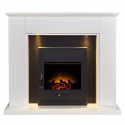 Adam Eltham Fireplace in Pure White & Black with Downlights & Oslo Electric Fire in Black, 45 Inch