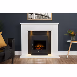 Adam Eltham Fireplace in Pure White & Black with Downlights & Oslo Electric Fire in Black, 45 Inch