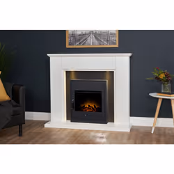 Adam Eltham Fireplace in Pure White & Black with Downlights & Oslo Electric Fire in Black, 45 Inch