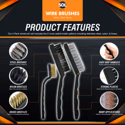 3 x Wire Brush Set | Steel Brass Nylon Cleaning and Polishing