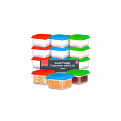 12 Small Plastic Containers with Lids 80ml, Stackable Small Food Containers W6 x D6 x H4 cm, Airtight Colourful Small Storage ...