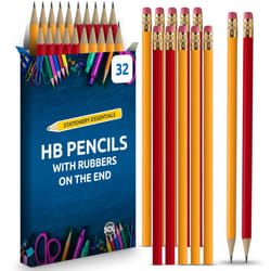 32pk HB Pencils With Rubbers On The End | HB Pencil Pack with Erasers | Writing Pencils for Children I Kids Pencils for School Supplies I School