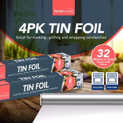 4pk Tin Foil 32m in Total - 8m x 29cm Large Size - Non-Stick Tin Foil for Wrapping, Grilling, BBQ & Baking â Heavy-Duty Silver Cooking Foil with