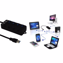 4-Port USB Hub with Individual LED Power Switches - Black