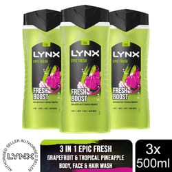 Lynx Epic Fresh Shower Gel 500ml, 3 or 6 Pack - Buy 3
