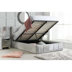 Double Ottoman Bed Grey Hannover Frame 4FT6 135cm Bedstead Storage Velvet Fabric