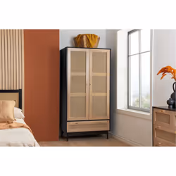 Black 2 Door Wardrobe Rattan 1 Drawer Birlea Croxley Mid Century Modern - Additional view 11