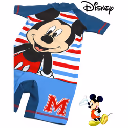 Disney Mickey Mouse Sunsafe Swimsuit For Boys | Children's Short Sleeve Blue & Striped Swimming Costume | Disney Gift - 4-5 Years