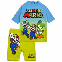Super Mario Swimsuit For Boys | Blue Green Two Piece Top & Shorts Bathing Suit | Kids Gamer UV50+ Sun Safe Swimming Costume - ...