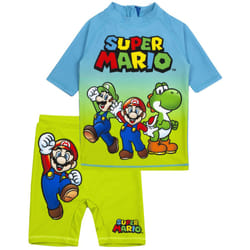 Super Mario Swimsuit For Boys | Blue Green Two Piece Top & Shorts Bathing Suit | Kids Gamer UV50+ Sun Safe Swimming Costume - 5-6 Years