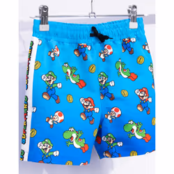 Super Mario Swim Shorts For Boys | Kids Mario Luigi Swimming Trunks Pants | Drawstring Waistband Blue Gamer Merchandise Gifts - 3-4 Years