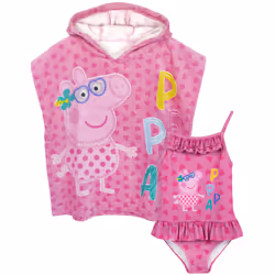 Peppa Pig Girls Swimsuit & One Size Hooded Towel Poncho | Kids Pink Character Towelling Robe | Peppa Pig TV Show Gift For Chi ...