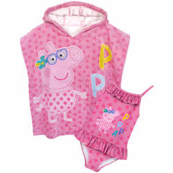 Peppa Pig Girls Swimsuit & One Size Hooded Towel Poncho | Kids Pink Character Towelling Robe | Peppa Pig TV Show Gift For Children - 18-24 Months