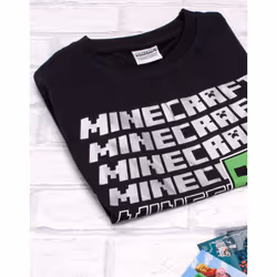Minecraft T Shirt Boys | Kids Repeated Logo Short Sleeve Black Top | Childrens Creeper Merchandise - 11-12 Years