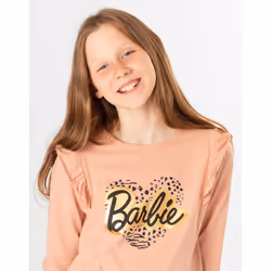 Barbie T-Shirt Girls Kids Doll Leopard Print Heart Pink Frilled Top - 5-6 Years
