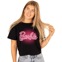 Barbie Cropped T-Shirt Womens Ladies Neon Pink Logo Grey Top - L