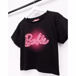 Barbie Cropped T-Shirt Womens Ladies Neon Pink Logo Grey Top - L