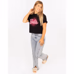 Barbie Cropped T-Shirt Womens Ladies Neon Pink Logo Grey Top - XL