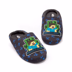 Minecraft Slippers Boys Kids Blue Creeper vs Zombie House Shoes - navy, UK Child 13