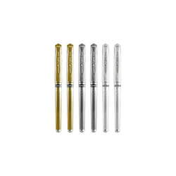 Signo Pen Broad Metallic Gel Ink Rollerball - Metal 1mm Tip Nib 0.65mm Line Width With Rubber Grip - UM-153 - (Pack Of 6) - White, Silver and Gold