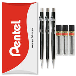 Pentel P200 Automatic Mechanical Pencils - HB Lead - With Refills - Pack of 6 - 0.5mm