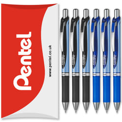 Pentel Energel BLN75 Retractable Gel Ink Rollerball Pen - 0.5mm - Pack of 6 in Pillow Packaging - Black and Blue