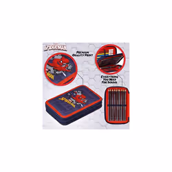 Marvel Spiderman Large Pencil Case, Filled Pencil Case with Coloured Pencils, Pencil Sharpener, Childrens Scissors, Colouring Pens, Triangle Rule