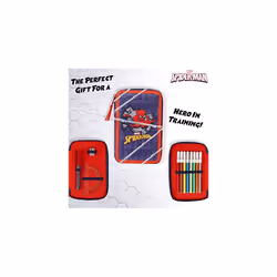 Marvel Spiderman Large Pencil Case, Filled Pencil Case with Coloured Pencils, Pencil Sharpener, Childrens Scissors, Colouring Pens, Triangle Rule