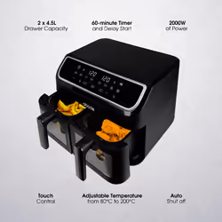 Abode AAF9000, 9L Touch Control Dual Drawer Air Fryer in Black