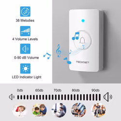TECKNET Wireless Doorbell, Waterproof Doorbell Battery-operated Cordless Door Chime Kit at 1000-feet Range with 38 Chimes, 4-Level Volume & Blue