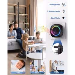 Wireless Doorbell, Plug in Doorbell with RGB Light, IP66 Waterproof Portable Cordless Battery Powered Door Chime Kit, 400M Wireless Range, 60 Chimes &
