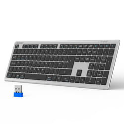 Wireless Keyboard, Rechargeable 2.4GHz USB Bluetooth Keyboard for 4 Multi Devices, Ultra Slim Full Size UK Layout Keyboards for Laptop, Computer,