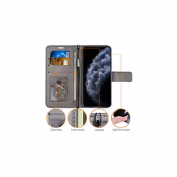 TECHGEAR Apple iPhone 11 Pro Max Leather Wallet Case - Protective Flip Cover with Card Slots, Kickstand and Wrist Strap, PU Leather - Grey