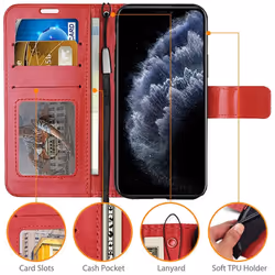 TECHGEAR iPhone 11 Pro Max Leather Wallet Case - Protective Flip Cover with Card Slots, Kickstand and Wrist Strap, Red PU...