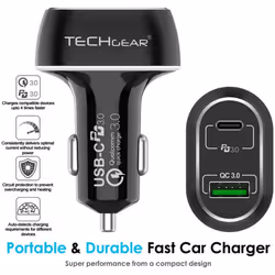 TECHGEAR USB C Car Charger, 63W 2 Port USB Car Charger with 45W PD Power Delivery & 18W Quick Charge 3.0 for iPhone, iPad, Macbook and Other Phones