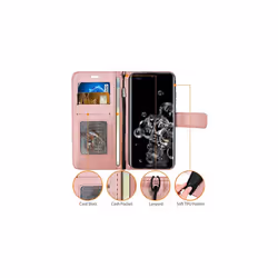Samsung Galaxy S20 Ultra Leather Wallet Case, Flip Protective Cover with Wallet Card Holder, Stand and Wrist Strap - PU Leather with Magne - Rose Gold