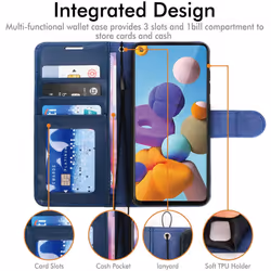 TECHGEAR Galaxy A21s Leather Wallet Case, Flip Protective Case Cover with Wallet Card Holder, Stand and Wrist Strap - Navy Blue...