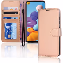 TECHGEAR Galaxy A21s Leather Wallet Case, Flip Protective Case Cover with Wallet Card Holder, Stand and Wrist Strap - Rose Go ...