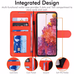 TECHGEAR Galaxy S20 FE Leather Wallet Case, Flip Protective Case Cover with Wallet Card Holder, Stand and Wrist Strap - Red PU...
