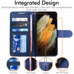 TECHGEAR Galaxy S21 Ultra Leather Wallet Case, Flip Protective Case Cover with Wallet Card Holder, Stand and Wrist Strap - Navy...
