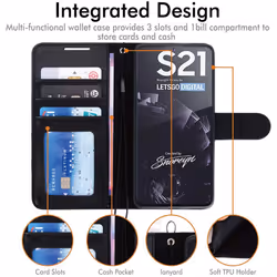 TECHGEAR Galaxy S21 Leather Wallet Case, Flip Protective Case Cover with Wallet Card Holder, Stand and Wrist Strap - Black PU...
