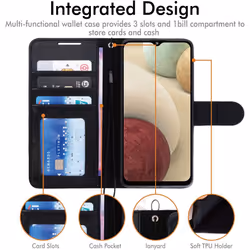 TECHGEAR Galaxy A12 Leather Wallet Case, Flip Protective Case Cover with Wallet Card Holder, Stand and Wrist Strap - Black PU Leather with Magnetic