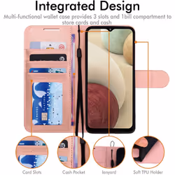 TECHGEAR Galaxy A12 Leather Wallet Case, Flip Protective Case Cover with Wallet Card Holder, Stand and Wrist Strap - Rose Gold PU Leather with