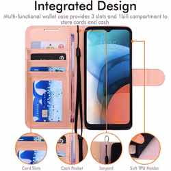TECHGEAR Moto E7i Power Leather Wallet Case, Flip Protective Case Cover with Wallet Card Holder, Stand & Wrist Strap, Rose Gold PU Leather with